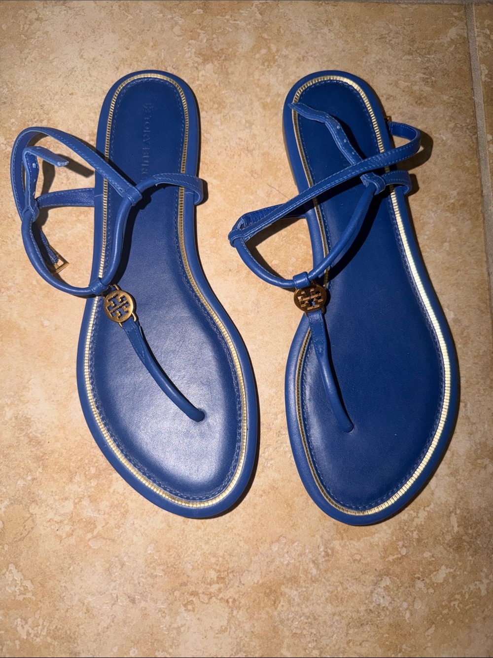 Tory Burch Navy Leather Logo T-Strap Sandals with Gold Accent